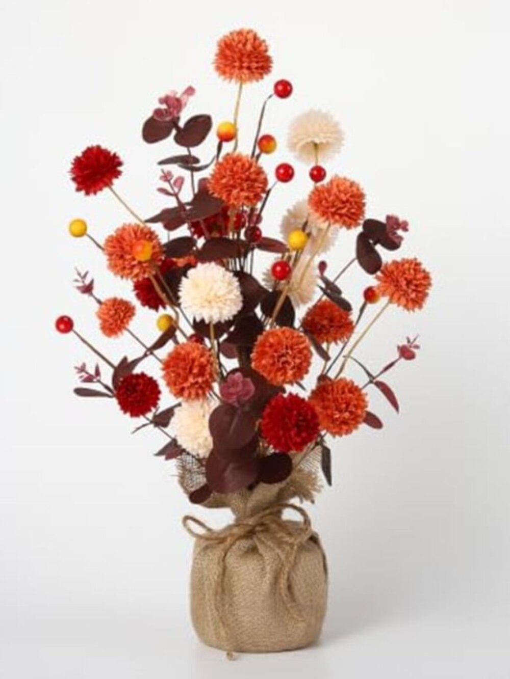 Fall Flowers Decorations Linen Vase with Orange Faux Kiku Flowers